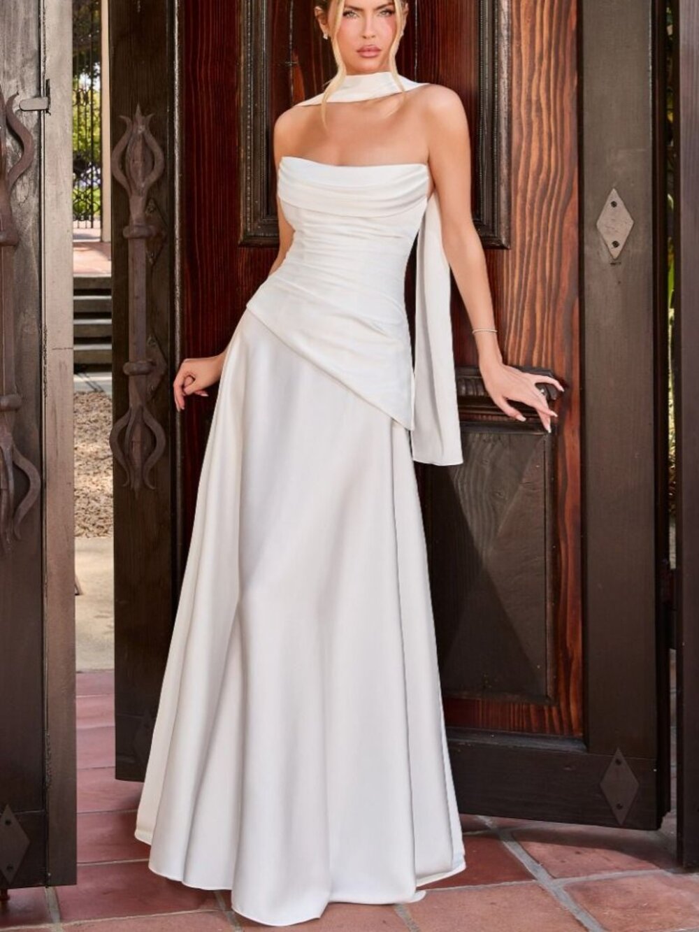 NEW WEDDING DRESS. FITTED STRETCH SATIN LACE UP CORSET BRIDAL GOWN ASYMMETRICAL